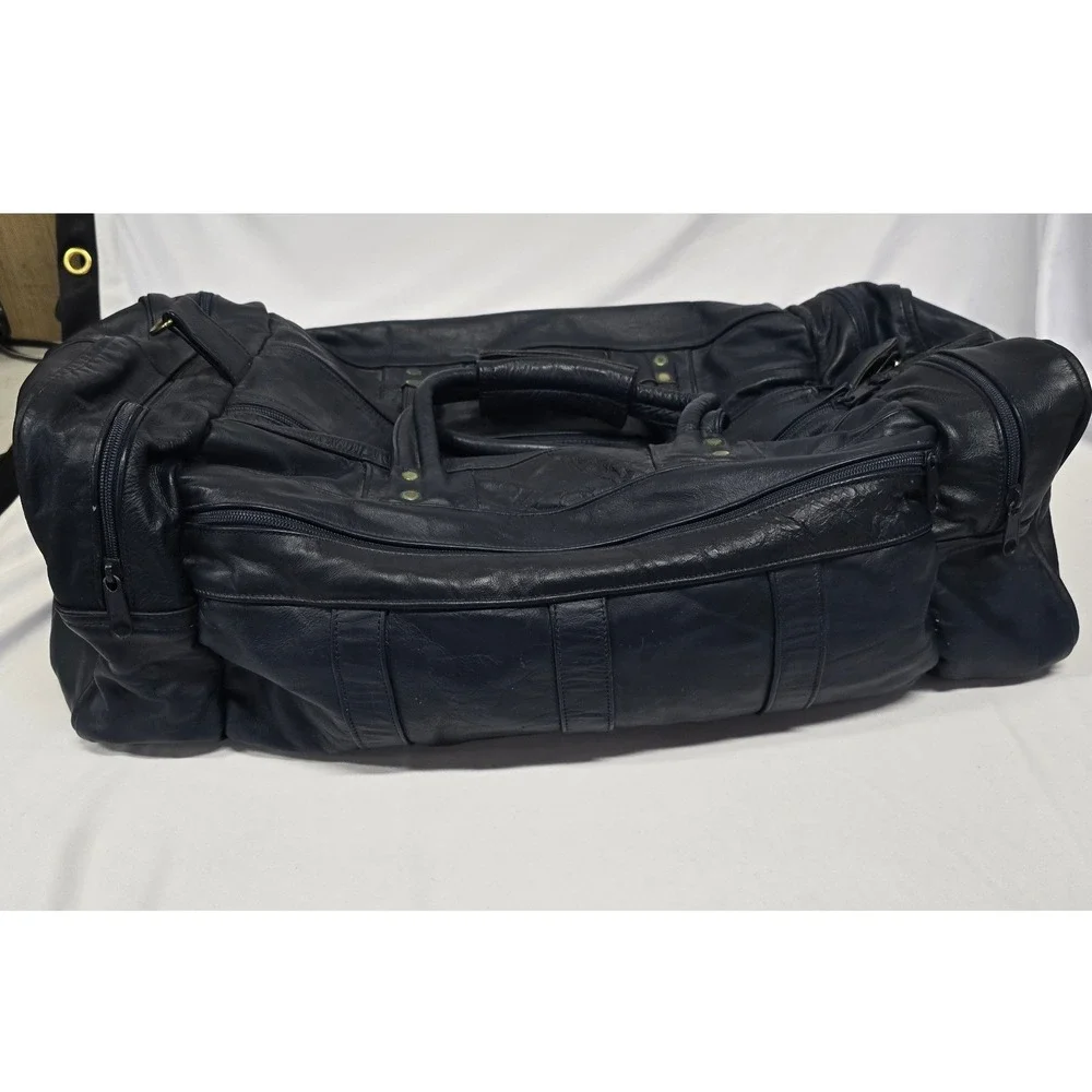 Harley Davidson Navy Blue Leather Duffle Bag Embroidered WingLogo Travel Luggage